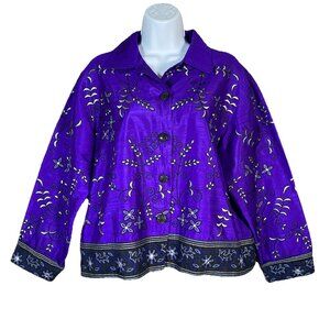Vintage Chico’s Shantung Silk Embroidered Jacket Size 1 Boho Artsy Purple Button